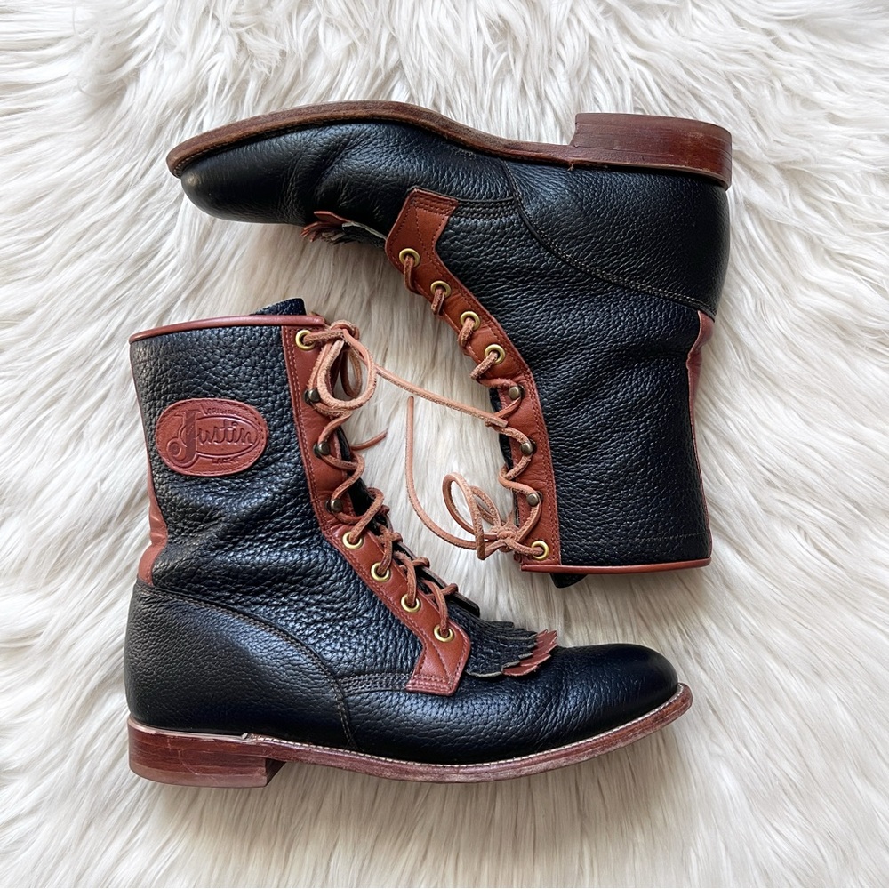 90s JUSTIN Vintage Kiltie Navy & Brown Leather Roper Cowboy Boots 7.5 Prairie - Picture 1 of 14